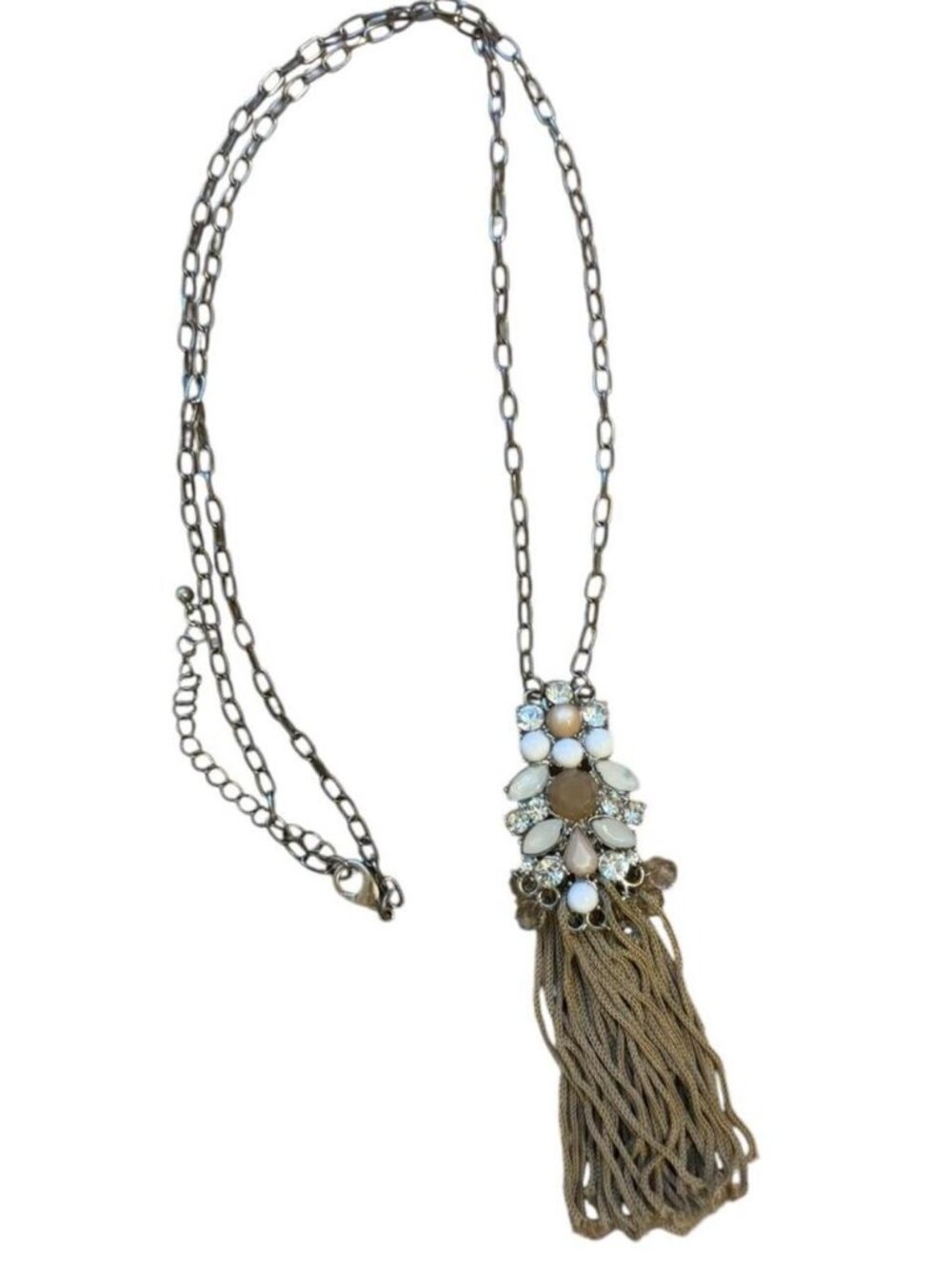 🤎NY&CO Silver & Brown Gem Fringe Tassel Long Boho Pendant Necklace